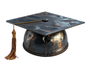 A weathered graduation cap with gold tassel and a textured finish