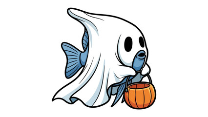 Spooky Fish: A whimsical cartoon of a fish playfully dressed as a ghost, perfect for Halloween, clutching a pumpkin-shaped treat bucket.