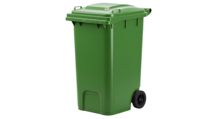 Green outdoor wheeled garbage bin isolated on white background, perfect for waste management and recycling projects