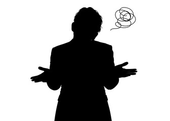 両手を広げ首をすくめる男性性  困った お手上げポーズのサラリーマンのシルエット 上半身正面のイラスト