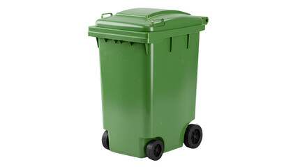 Green plastic outdoor trash bin or garbage container with wheels isolated on white background, perfect for waste disposal and recycling