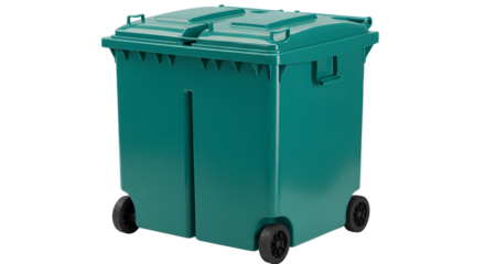 Green plastic wheeled trash bin with closed lid isolated on white background, perfect for waste management and recycling