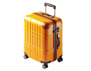 A bright yellow hard-shell rolling suitcase with a retractable handle