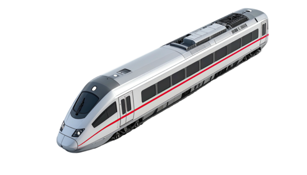 Sleek, silver and red, high-speed train isolated on black
