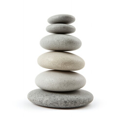 Stack of smooth grey stones balanced on a white background