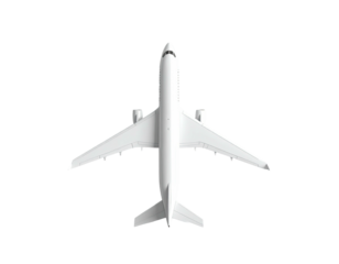 Overhead view of a commercial jet aircraft against a stark black background