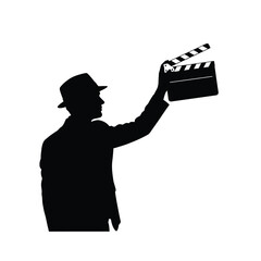 silhouette of a man in a hat holding a clapperboard