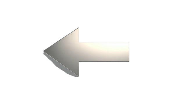 A silver, three-dimensional arrow pointing left against a stark black background