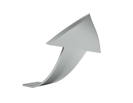 Metallic gray upward arrow on a black background, curved and slightly angled - Powered by Adobe