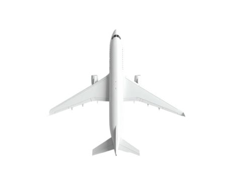Overhead view of a commercial jet aircraft against a stark black background