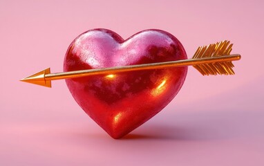 Glossy red heart pierced horizontally by a shiny golden arrow on soft pink background, symbolizing love and romance