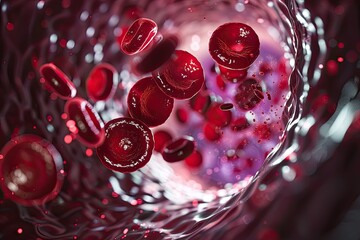 Photorealistic microscopic view of red blood cells and single white leukocyte