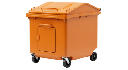 Orange wheeled dumpster container for waste management and garbage disposal isolated on white background