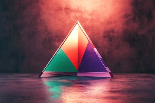 Transparent glass pyramid prism reflecting vibrant red, green, and purple colors on a glossy surface with a moody dark pink and orange gradient background