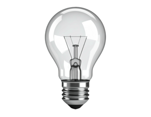 Transparent glass bulb, visible filament, metallic base, on black background