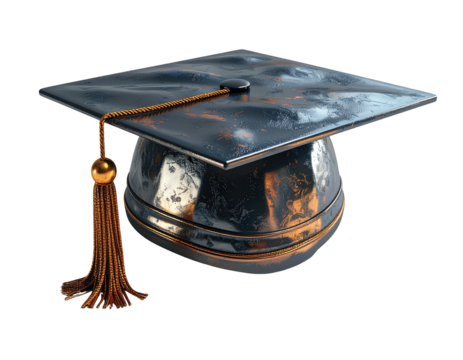 Metallic graduation cap with tassel, set against black backdrop