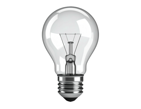 Transparent glass bulb, visible filament, metallic base, on black background