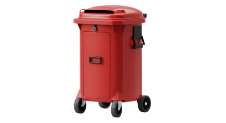 Red mobile trash bin with wheels and locking lid isolated on white background, ideal for waste disposal and outdoor cleaning