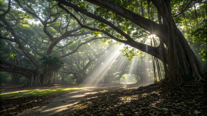 Magical sunbeams pierce through ancient banyan tree canopy illuminating forest floor