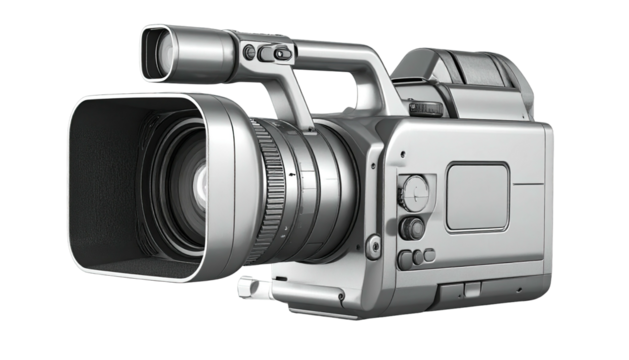 Gray digital video camera, showing lens, viewfinder, and controls, isolated