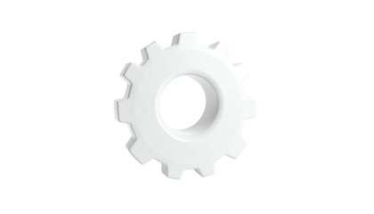 A 3D white gear floats against a black background, slightly shadowed