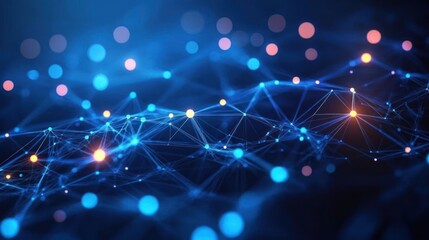 Abstract visualization of interconnected glowing blue and orange nodes and lines forming a dynamic network on a dark background, evoking technology and data flow