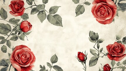 Vintage rose illustrations on a cream background evoke timeless elegance and charm in design
