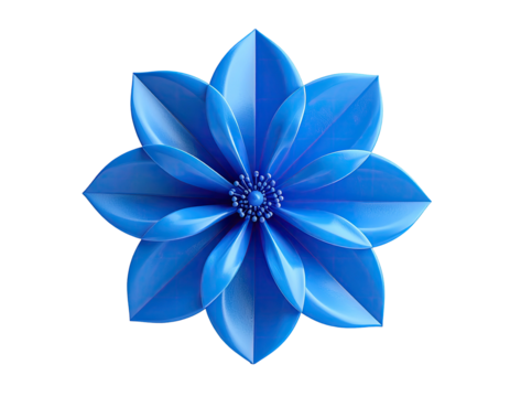 A stylized, glossy blue flower with eight petals on a black background