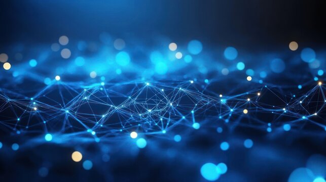 Abstract digital network with glowing blue and white nodes connected by thin lines on a dark blue background, representing data flow and technology