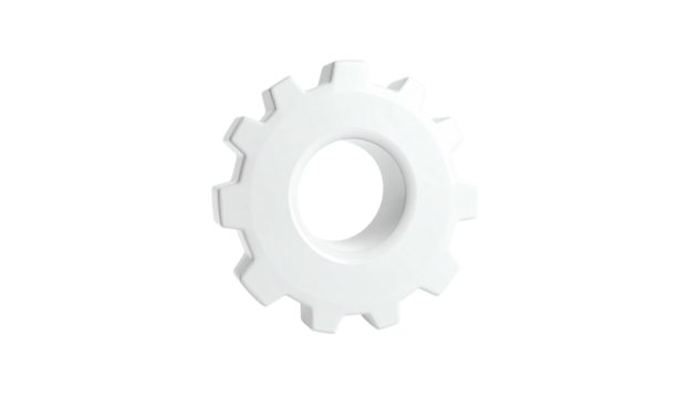 A 3D white gear floats against a black background, slightly shadowed