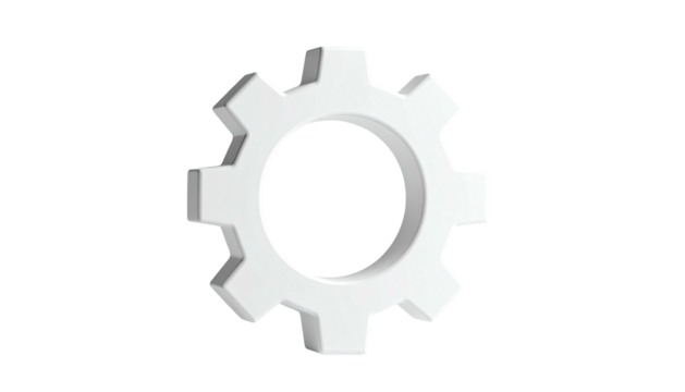 A 3D-rendered white cogwheel with a shadow on a black background