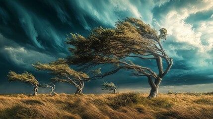 Wind bends trees under stormy sky with dramatic clouds and golden grass