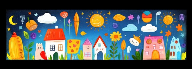 Whimsical colorful village scene with cute smiling houses, bright flowers, suns, clouds, stars, moon, and playful abstract shapes under a deep blue sky