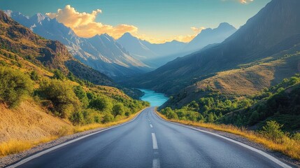 Open road leading through a vibrant valley with lush greenery and towering mountain peaks under a partly cloudy sky during golden hour