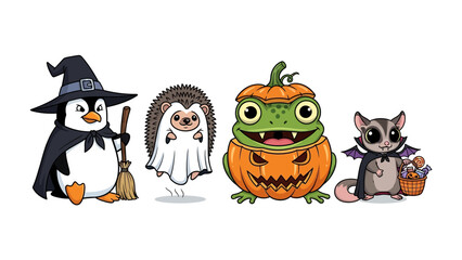 Whimsical Halloween Animals: A delightful illustration of cute animals in Halloween costumes, perfect for creating a joyful and playful atmosphere. 