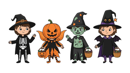 Halloween Characters Collection: a set of cheerful characters dressed up in their spooky best and ready to bring festive cheer. with creative attire and baskets for treats.