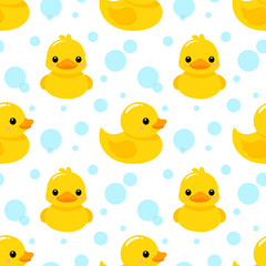 Cute rubber ducky with bubble seamless pattern for background 
