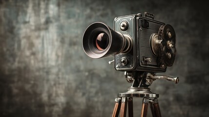 Vintage Film Camera on Tripod with Mysterious Background Texture