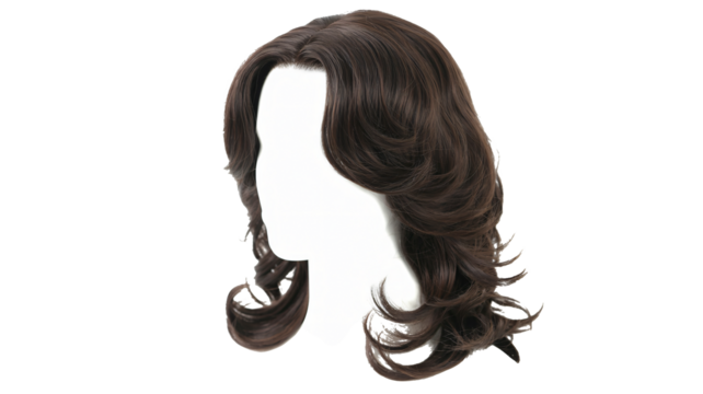Elegant wavy dark brown wig on mannequin head for beauty transformations