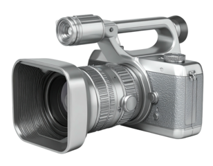 Shiny, silver video camera with a lens hood and carrying handle, isolated