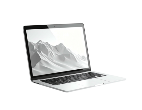 Modern laptop angled, screen displays a white, stylized mountain range