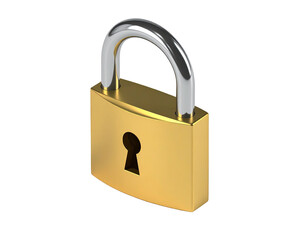 Isometric view of a polished, golden padlock with a silver shackle, black backdrop