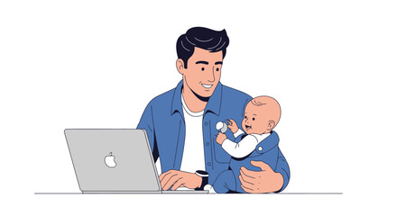 Illustration of a Father Working from Home While Caring for His Baby, Showcasing Modern Parenting and Work-Life Balance for Lifestyle and Family-Oriented Projects