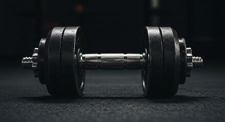 Fototapeta premium Close-up of a heavy black dumbbell with textured grip on a dark gym floor