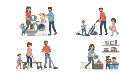 Family Engaged in Household Chores and Cleaning Activities, Emphasizing Teamwork and Shared Responsibility, Suitable for Illustrating Family Life and Home Management
