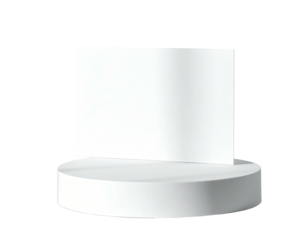 White cylindrical stage with a vertical rectangular backing against a black backdrop