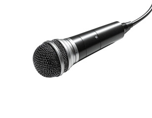 Sleek, black microphone with silver accents and wire against a stark black backdrop