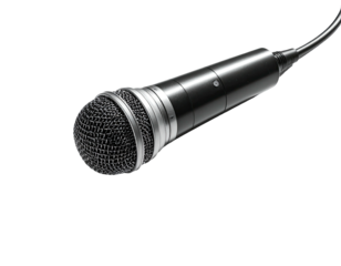 Sleek, black microphone with silver accents and wire against a stark black backdrop