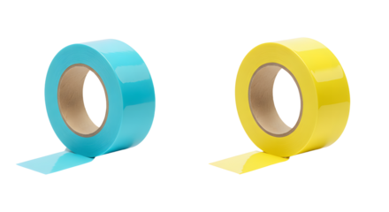 Two rolls of blue and yellow adhesive tape isolated on white background, office and craft supplies, perfect for home or school projects