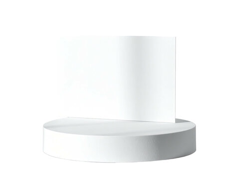 White cylindrical stage with a vertical rectangular backing against a black backdrop